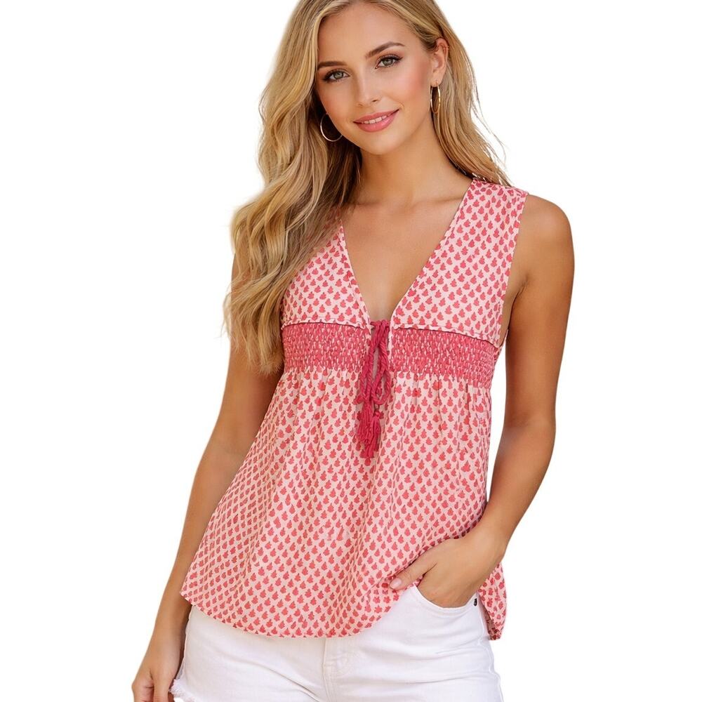 Plenty by Tracy Reese Smocked Tassel Top Womens Medium Pink Boho Sleeveless Tank